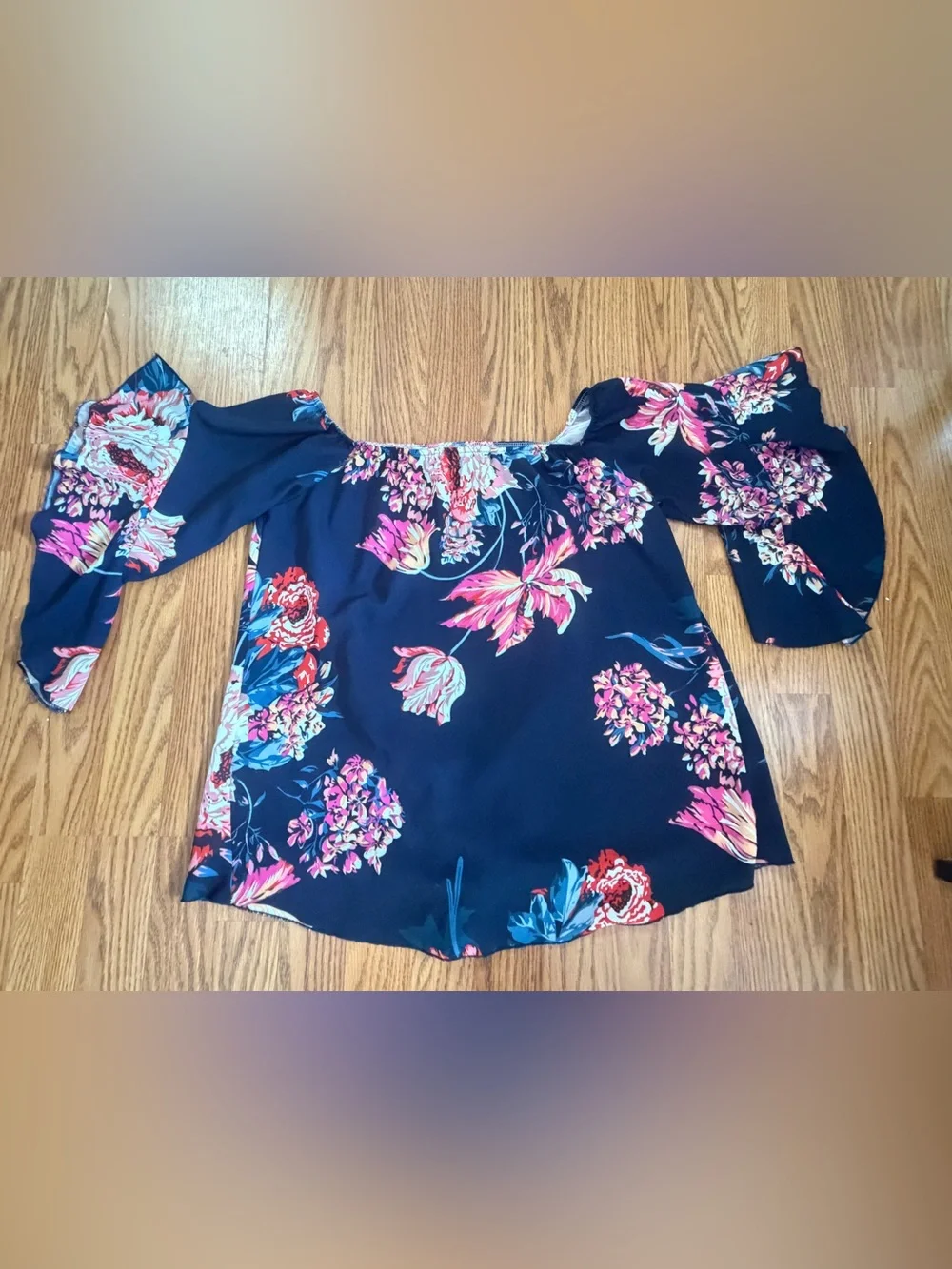 Off-Shoulder Navy Floral Tie-Front Women’s Top - Picture 7 of 7